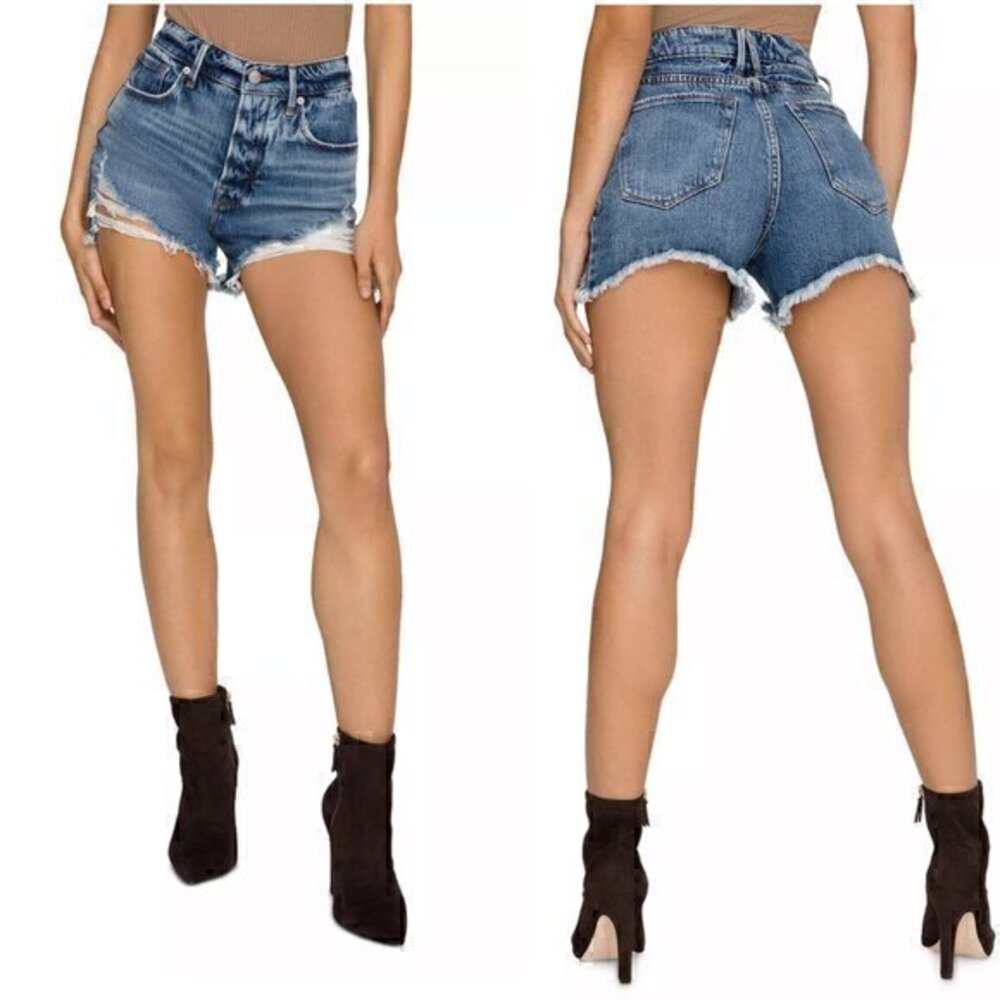 Good American Bombshell Shorts High Rise Distressed Size 26 NWT